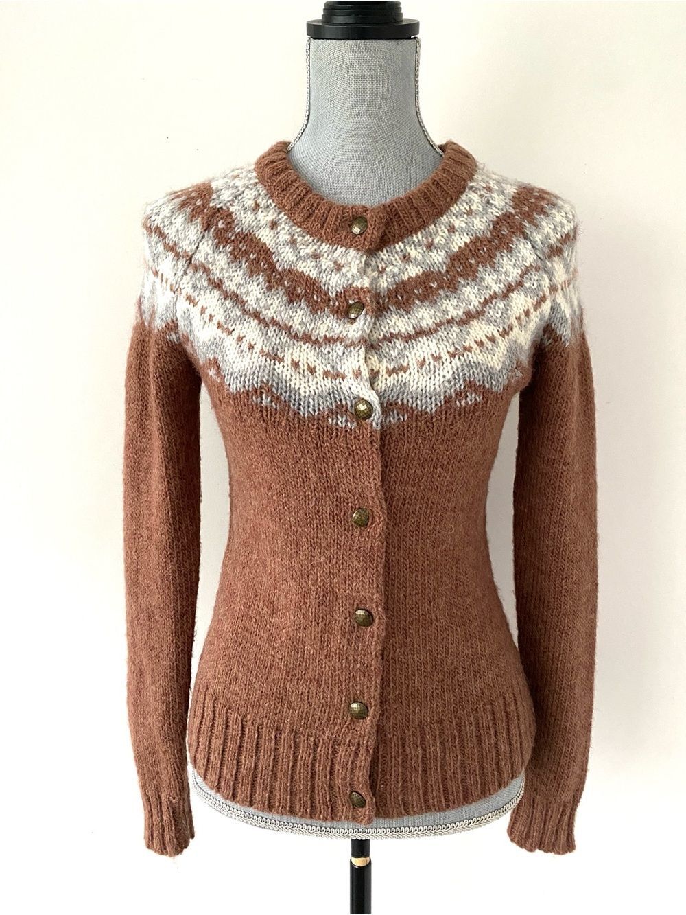Banana Republic Brown & Cream Alpaca Blend Fair Isle Button Cardigan Sz S Preppy